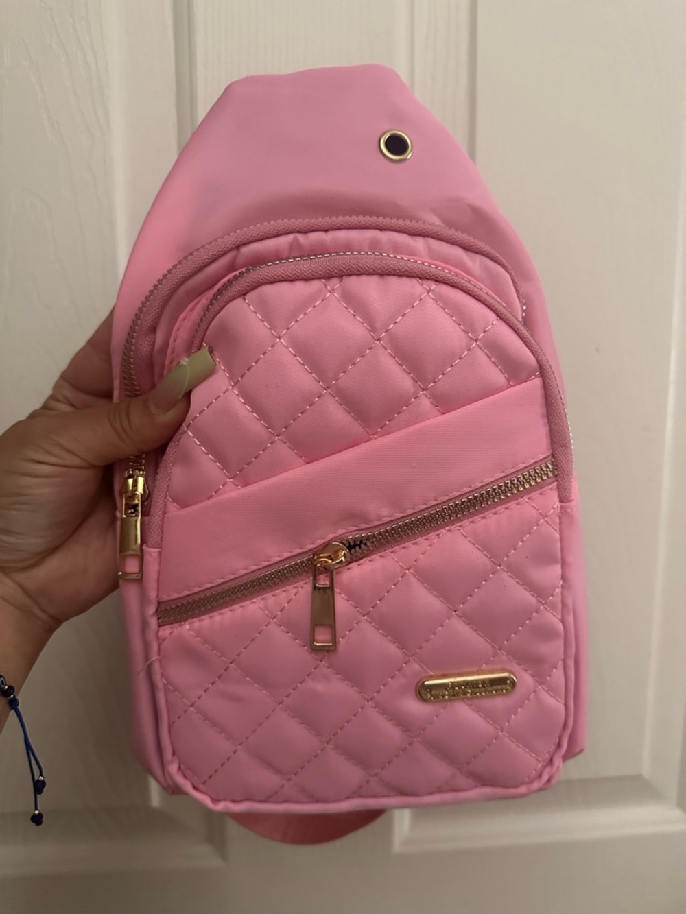 Quilted bubblegum Pink Crossbody Sling Bag with Gold Accents